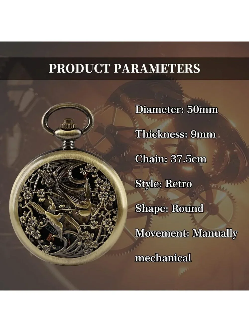 Men's Black Bronze Two Swallows Skeleton Roman Numerals Mechanical Pocket Watch